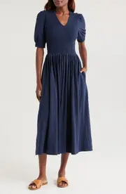 caslon(r) Smocked Bodice Cotton Jersey Midi Dress in Navy Blazer at Nordstrom, Size Small