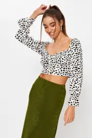 Geo Print Long Sleeve Geo Print Semi Crop Top - Size 14, Women's Semi Crop