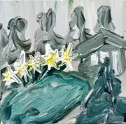 Foggy Cabin in Maine Morning Painting – Peaceful Accent for Entry Table Decor 4”