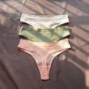 [FARZAH] 3 Pcs Seamless Ladies Ribbed Cotton Thong Simple Women Low Waist Bikini Briefs Sports Girls Underwear Plus Size (Color : White Green Pink, Size : Medium)