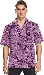 [GuoChe] Hawaiian Mens Short Sleeve Button Shirt Abstract Floral Pink Purple Swirls Stylish Camisa Manga Corta para Hombre