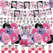 Kuromi Party Decorations,Birthday Party Supplies For Kuromi and Melody Party Supplies Includes Banner - Cake Topper - 12 Cupcake Toppers - 18 Kuromi and Melody Balloons