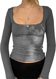 [Zylphorix] Women U Collar Long Sleeved Fit T-Shirt Solid Color Scoop Neck Basic Tops Lady Casual Slim Pullover Tee