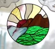 Handmade One of a Kind Stained Glass Mountain Water Lake Sunrise Sun Sunset