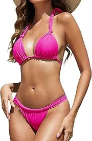 [Dazosue] Women Brazilian Bikini Swimsuit Two Piece Tie Knot Bathing Suits Halter Triangle Cheeky Thong Bikini Sets