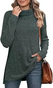 [Placitiume] Women's Oversized Turtleneck Tunic Tops Long Sleeve Fall Sweaters with Side Split High-Low Hemline, Army Green, M