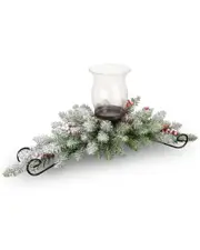 National Tree Company 30in Dunhill Fir Centerpiece with Snow, 9 Cones, 6 Red Berries & 1 Candle Holder