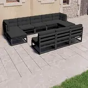 Patio Furniture Sets 8 Piece Garden Lounge Set with Cushions Black Solid Pinewood