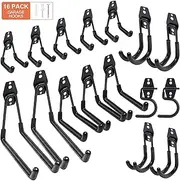 Sulishang 16 Pack Garage Hooks Heavy Duty, Utility Steel Garage Storage Hooks, Wall Mount Tool Organizer with Anti-Slip Coating for Garden Tools, Ladders, Bulky Items and More Equipment (Black)