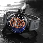 Genuine Leather Hollow Skull Quartz Watch with Transparent Dial in Rose Gold and