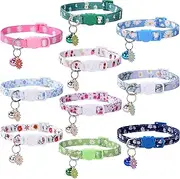 10PC Floral Cat Collar Set with Bells - Breakaway Safety for Kittens and Small Cats