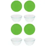 Pyrex (4) 7402 6-Cup Sculpted Glass Bowls and (4) 7402-PC 6/7-Cup Green Lids