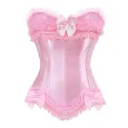 Sexy Satin Lace Overlay Corset Bustier Overbust Burlesque Corselet Top Bodyshaper Lingerie Showgirl Party Costume Plus Size Pink L