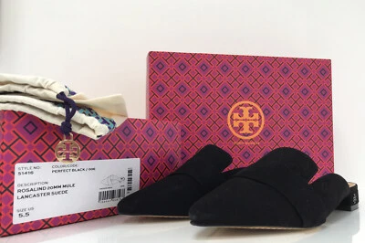 NIB Tory Burch 5.5M Rosalind 20MM Mule Pointed Toe BLK Lancaster Suede Flat New