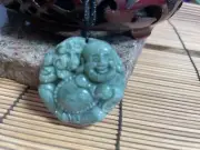 Laughing Buddha Green Jade Pendant Round Amulet Cloth Cord Good Luck Unisex