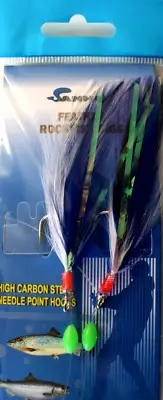 10 Packs 4/0 Rockfish Cod Feather 2 Hooks Blue/White Feather Bait Rigs