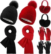 [Suhine] 8 Pcs Winter Hat Gloves Scarf Set Women Beanie Pompom Hat Touch Screen Gloves Winter Earmuffs Knitted Scarf for Women (Black, Wine Red,Fluffy), Black, Wine Red, One Size