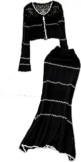 [Generic] Women's Hollow Out Knitted Skirt Suits Single Breasted Hollow Out Cardigan Bodycon Fishtail Skirt Two Pieces Sets
