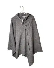 Pendleton Women’s M L Grey Hooded Poncho Cape 100% Lambswool Buttons Warm