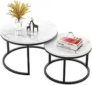 Nest of 2 Tables Nesting Coffee Table Marble PatternTop Accent End Tables Sofa Table Multi-Functional Side Table for Telephone Bedside Living Room,White+Black