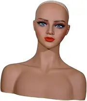 Perfeclan Realistic Female Mannequin Head with Shoulder Professional Multifunctional Smooth Wig Head Stand Manikin for Scarf Displaying, Style A