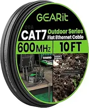 GearIT Cat 7 Outdoor Flat Ethernet Cable (10ft, Black) Direct Burial Rated LLDPE Jacket - Indoor Cat7 Shielded FTP 600MHz 10Gbps High Speed Gaming Computer Network RJ45 Snagless Patch Cord Internet