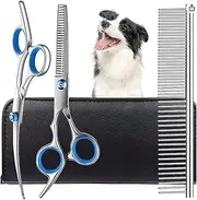 Mumoo Bear Dog Grooming Scissors with Safety Round Tips, Heavy Duty Titanium Pet Grooming Trimmer Kit, Professional Thinning Shears, Curved Scissors with Comb for Dogs and Cats (Set of 3)