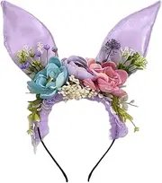 Fiocias Easter Bunny Ears Headband Artificial Flowers for Stage Performance, Purple
