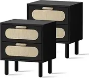 Oikiture Bedside Table Storage Nightstand - Modern Double Drawer Bedside Units for Stylish Bedrooms Black