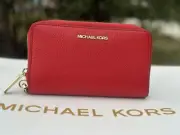 Michael Kors Wallet Large Flat Phone Case Zip Around Wallet Bright Red Leather