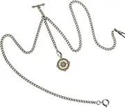 [ManChDa] Double Albert Chain Pocket Watch, Curb Link Chain 3 Hook Antique Plating Shield Design Fob T Bar for Men with Compass