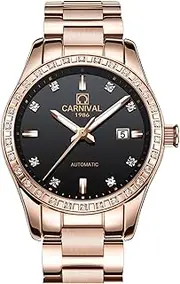 [PASOY] Women Elegant Automatic Rose Gold Watch Black Dial Sapphire Crystal Date Mechanical Analog Watches