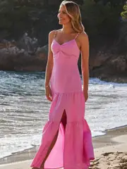 Sosandar Pink Pink Linen Rich Tiered Hem Maxi Dress (F93618) | $196