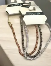 LOT Napier 3 Necklaces & (2) earring Rose, Black, Silver and Crystal Mesh Collar