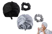 2pcs Silk Sleeping Cap with Hair Band Adjustable Double Layer Hair Bonnet for Wowen-Black and Gray
