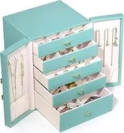 [IEHOME] Large Leather Jewelry Box Luxury Table Top Jewelry Chest 5 Layer Jewelry Display Storage Case Removeable Drawers for Earring Necklace Bracelets Rings Watches Jewelry Holder (Blue)
