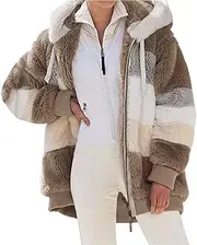 [Generic] Womens Winter Fuzzy Fleece Jacket Hooded Color Block Patchwork Cardigan Coats Plush Color Matching Outerwear With Pockets