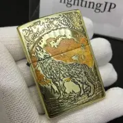 Zippo Continent Wolf Howl Gold Etching Oil Lighter Regular Case Japan New