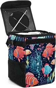 Car Trash Can with Lid,Bag Hanging Storage Pockets Leak-Proof,Portable Garbage Bin,Colorful Floral Blue Sea Fish