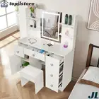 Dressing Table LED Makeup Mirror Stool Set Vanity Desk Cabinet 3 Color Lighting
