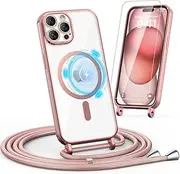 Noyabox HandyKette for iPhone 14 Pro Case with Strap, 1 x Protective Film Magnetic Mobile Phone Case for iPhone 14 Pro, Necklace Cord Protective Case with Cord for Hanging Case, Pink