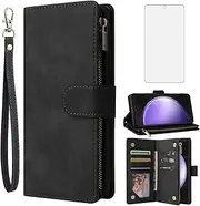[Asuwish] Compatible with Samsung Galaxy S23 FE 5G Wallet Case Tempered Glass Screen Protector and Leather Flip Cover Card Holder Stand Cell Phone Cases for S 23 EF S23FE5G UW S23FE 23S Women Men Black