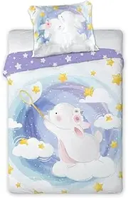 Arle-Living 3-Piece Baby Children's Bed Linen Set - Star Catcher Rabbit - 100 x 135 cm + 40 x 60 cm + 1 Fitted Sheet in White 60 x 120-70 x 140 cm - 100% Cotton