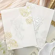ZYNERY 70 Pack Pre-folded Vellum Jackets for 5x7 Invitations - Translucent Sleeves for Wedding, Birthday Wraps (Gold Foil Rose)