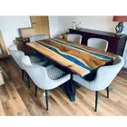 Blue Epoxy Resin Top Dining Table Wooden Live Edge Cafeteria Console Bar Desk