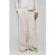 Mens Light Grey Wide Leg Pleat Front Herringbone Suit Trouser