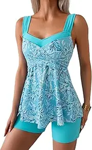 [B2prity] Tankini Swimsuits for Women Tummy Control Two Piece Modest Bathing Suits Floral Skirt Top with Boyshorts