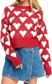 [Yiulangde] Women Heart Print Sweater Long Sleeve Crewneck Oversized Pullover Sweater Valentine's Love Pattern Knit Jumper Tops