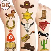 96 PCS Western Cowboy Pre-Cut Temporary Tattoos for Kids First Themed Birthday Party Supplies Favors Decorations 8 Sheets Super Cute Fake Tattoo Stickers Gifts For Boys Girls School Rewards