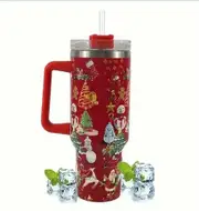 40oz Christmas Insulated Cold COOL HOT Tumbler Handle and Straw, Stainless Steel Tumbler Car Mug Outdoor Sports Travel Christmas Gift (Christmas red)